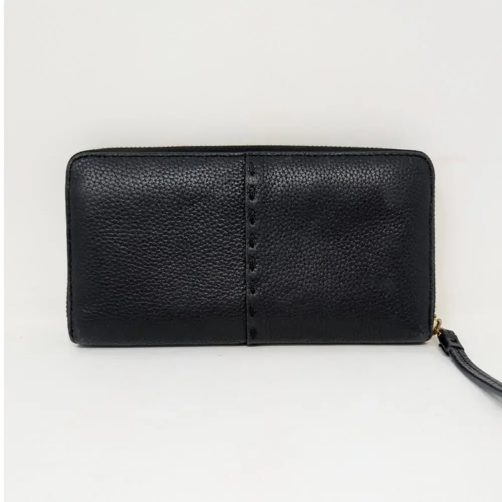 Tory Burch Black Leather Zip Around Wallet Pebbled Logo Continental